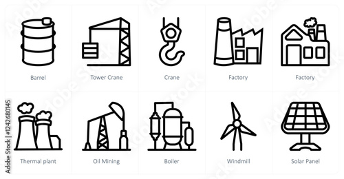 A set of 10 industry icons as barrel, tower crane, crane