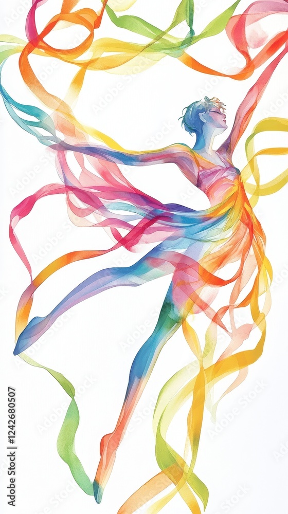 Obraz premium A Dancer Enveloped In Colorful Flowing Ribbons