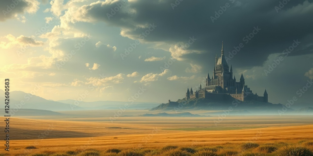 Fototapeta premium Epic fantasy landscape with a vast, open plain in the background and a majestic castle at the horizon, scenery, medieval, sword