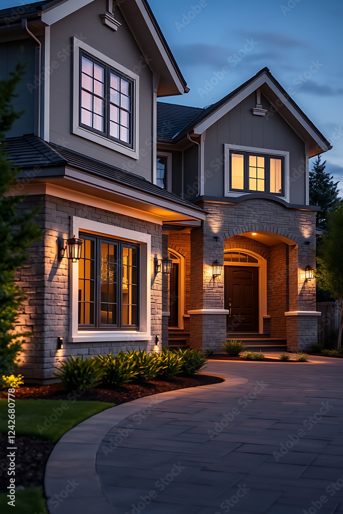 Obraz premium Luxury Home Exterior at Night: Modern Architecture, Brick and Stone Facade, Elegant Design