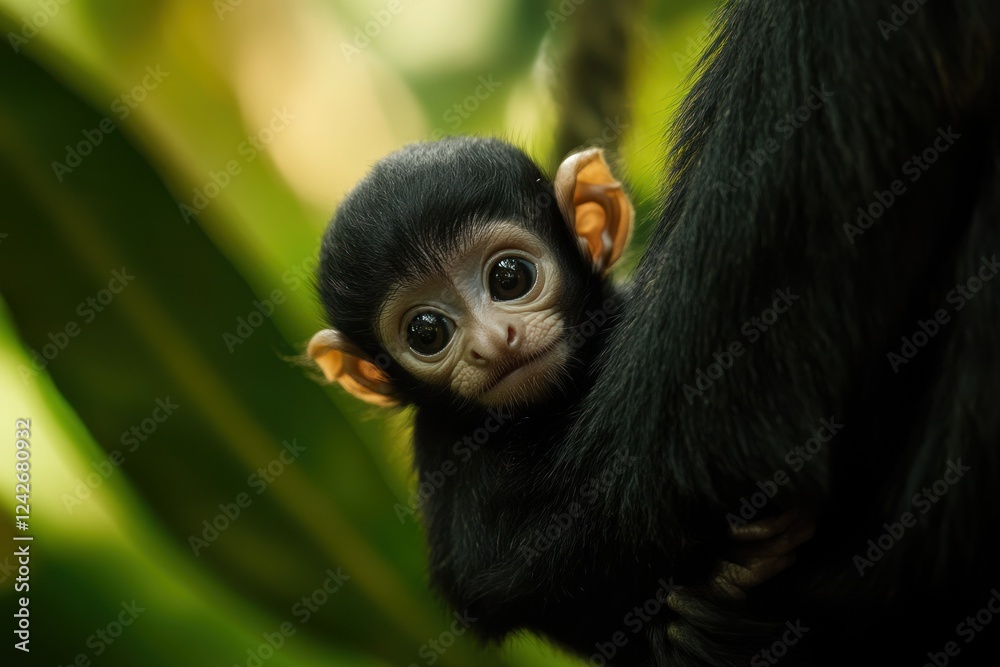 Fototapeta premium Adorable baby monkey clinging to its mother in lush green foliage.