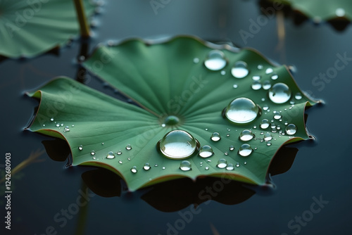 Zen-inspired Lotus Leaf with Pristine Water Droplets on Dark Water