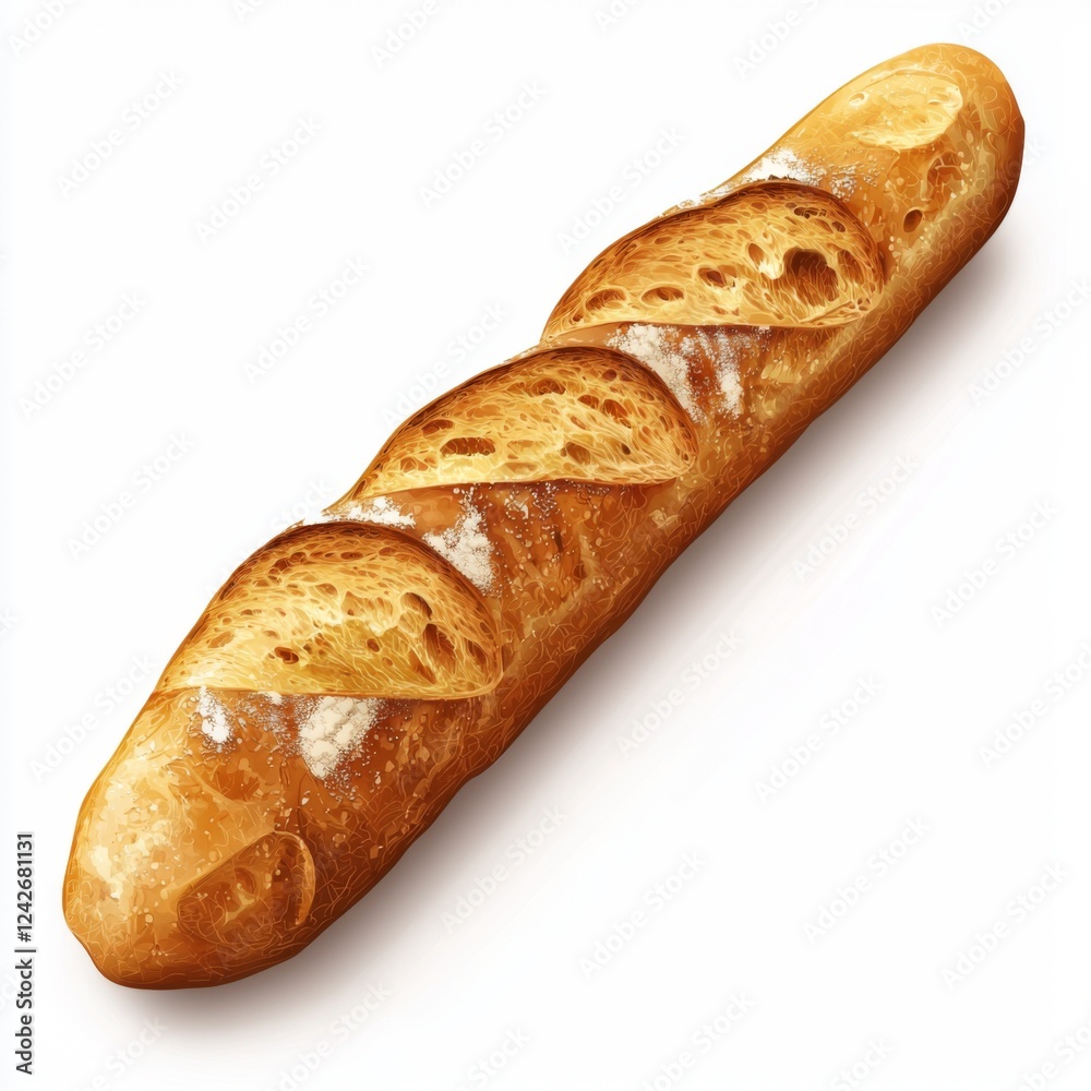 Freshly Baked Baguette with Golden Crust and Airy Interior on White Background