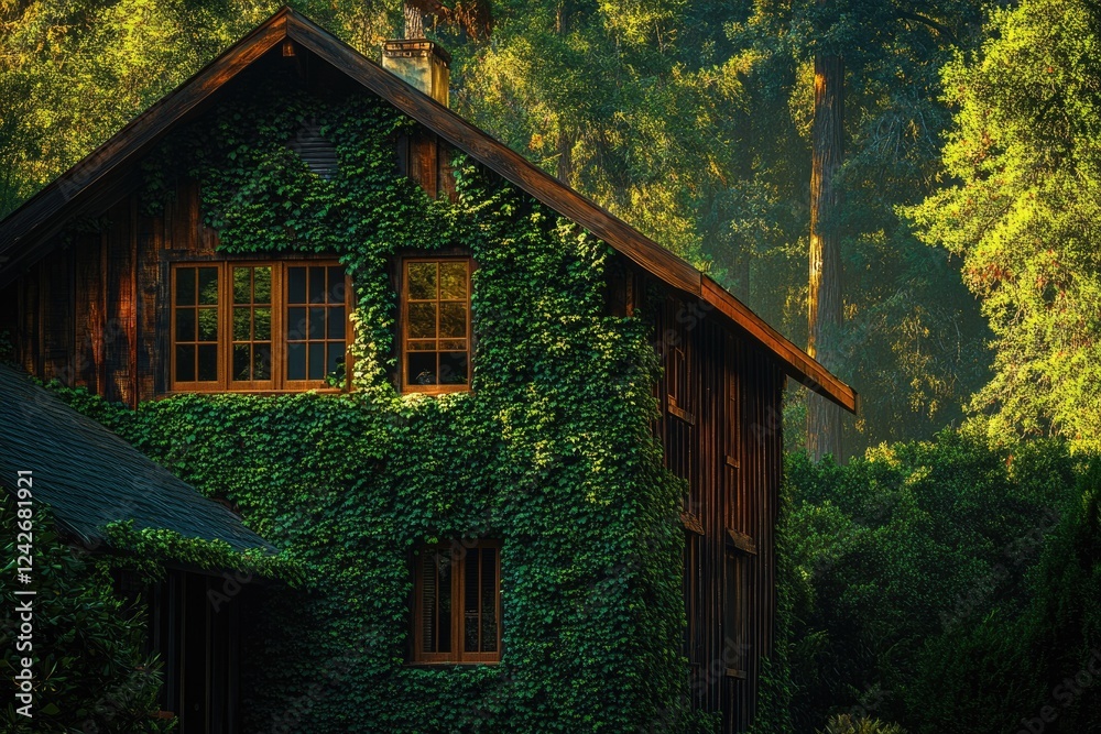 Ivy-covered wooden house nestled in a lush green forest, bathed in sunlight. Ivy-covered wooden house nestled in a lush green forest, bathed in sunlight.