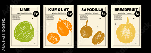 Lime, kumquat, sapodilla, breadfruit. Set of posters of fruits and citrus in a abstract draw design. Simple, flat design. Patterns and backgrounds. Perfect for poster, cover, banner.