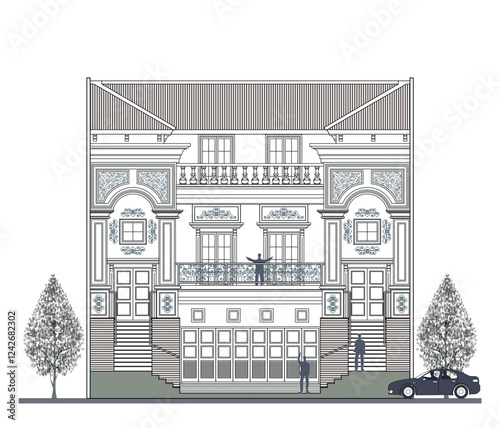 Facade of 3 storeys symmetrical modern classic house with 3 doors, 4 windows, 4 columns, balustrade, frames, decoration, stairs, crowns, canopy, triangular roof and its elements design.