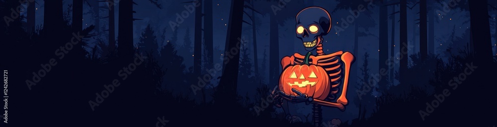 Skeleton holding a jack-o'-lantern in a dark forest at night. Skeleton holding a jack-o'-lantern in a dark forest at night.