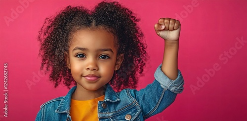 A young African American girl confidently raises her fist in a denim jacket and orange shirt against a vibrant pink backdrop, perfect for promoting empowerment and Black History Month.