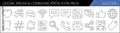 Social Media and Communication Icon Pack Design - A set of 20 icons focused on social media and communication, including messaging, notifications, and internet-related symbols.

