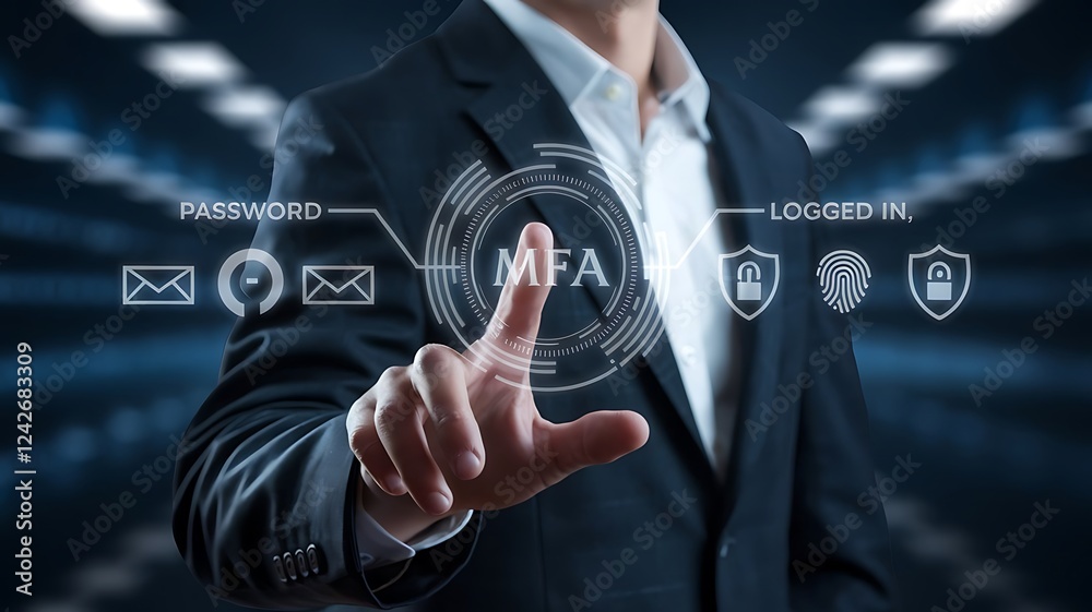 businessman pressing the virtual button MFA, multi-factor authentication. cloud computing concept, cloud technology, Saas, Paas, Iaas. AWS Services, ips, SSL, mfa, 2fa businessman pressing the virtual button MFA, multi-factor authentication. cloud computing concept, cloud technology, Saas, Paas, Iaas. AWS Services, ips, SSL, mfa, 2fa