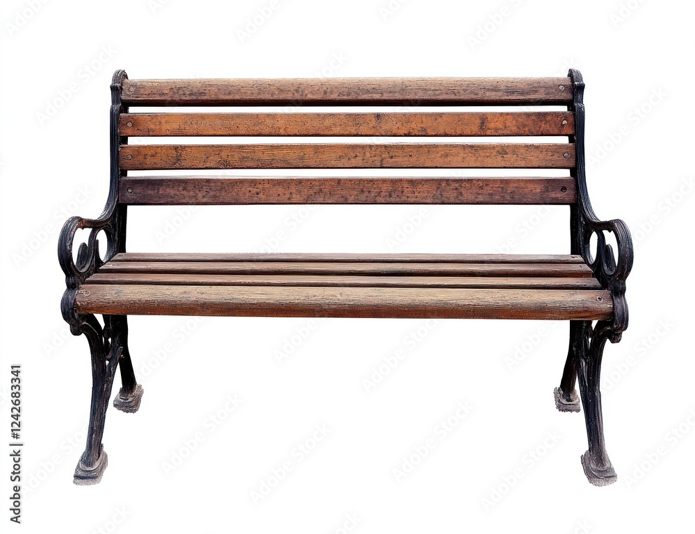 Empty wooden park bench, outdoor setting, white background, relaxation Empty wooden park bench, outdoor setting, white background, relaxation