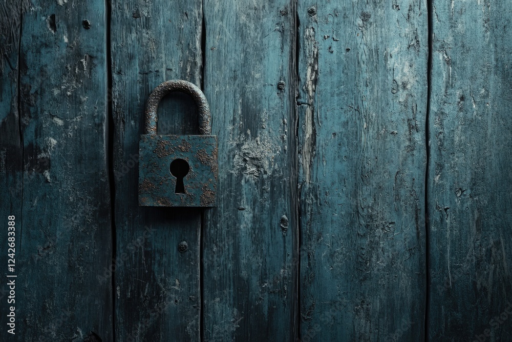 Rusty padlock on weathered teal wood, symbolizing security, mystery, and age. Rusty padlock on weathered teal wood, symbolizing security, mystery, and age.