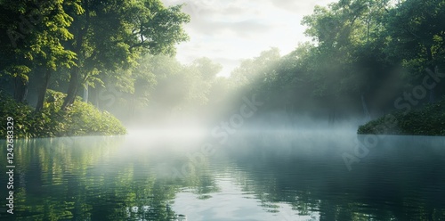 A peaceful lake surrounded by dense forest, home to serene wildlife and tranquil reflections in nature's embrace.