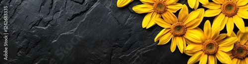 Yellow flowers on a dark stone background.
