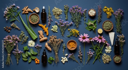 Assorted medicinal herbs and natural remedies on blue background