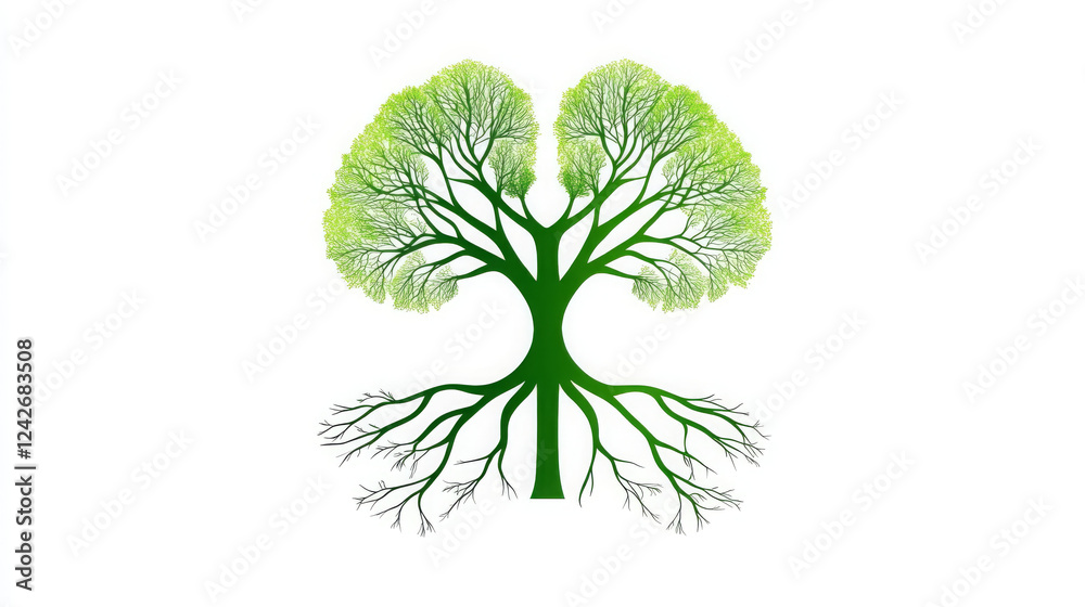 Obraz premium stylized tree design with green foliage and intricate roots symbolizes growth and nature beauty. This illustration captures essence of life and connection to earth