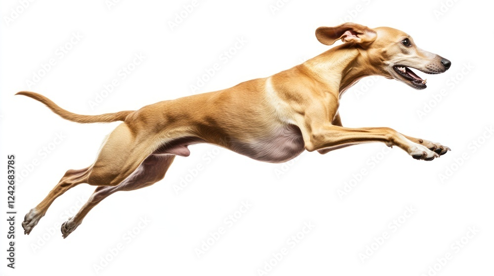 A tan dog leaps gracefully against a stark white background, showcasing its athleticism and agility in mid-air. A tan dog leaps gracefully against a stark white background, showcasing its athleticism and agility in mid-air.