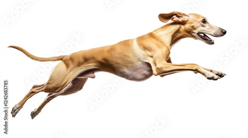 A tan dog leaps gracefully against a stark white background, showcasing its athleticism and agility in mid-air.