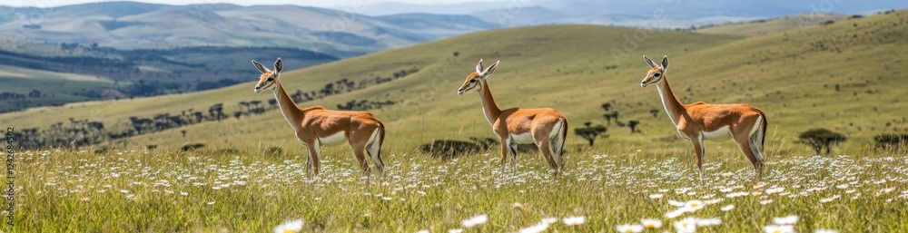Three graceful gazelles standing in a flowering meadow against a backdrop of rolling hills under a bright sky. Three graceful gazelles standing in a flowering meadow against a backdrop of rolling hills under a bright sky.