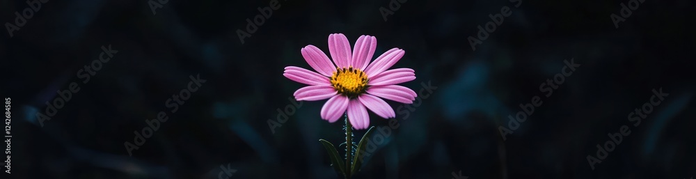 Single pink flower with yellow center against dark background. Single pink flower with yellow center against dark background.