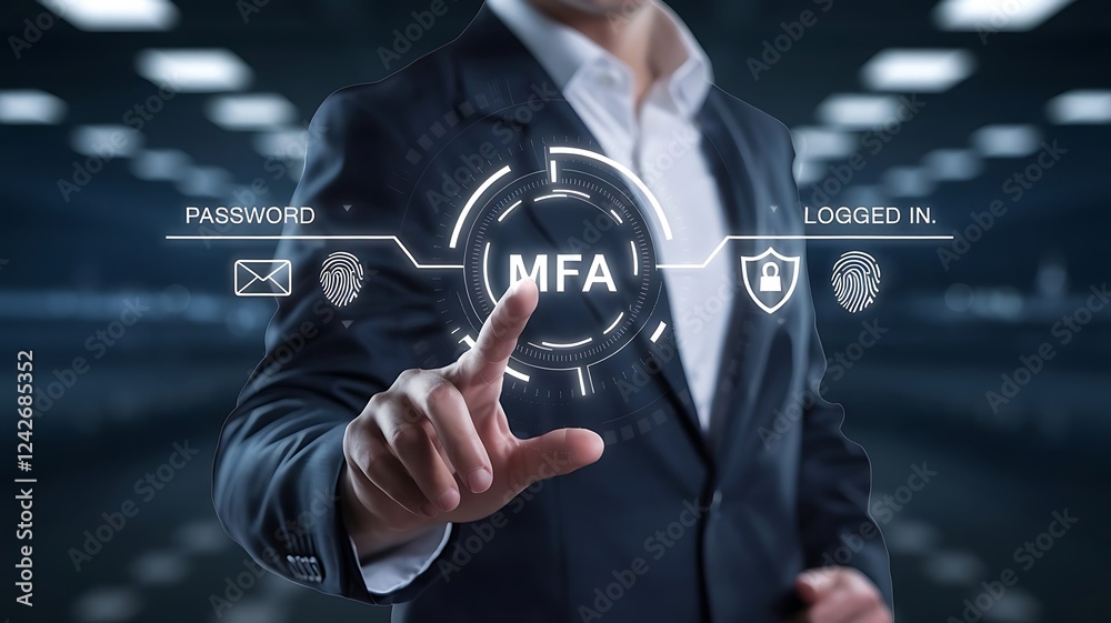 businessman pressing the virtual button MFA, multi-factor authentication. cloud computing concept, cloud technology, Saas, Paas, Iaas. AWS Services, ips, SSL, mfa, 2fa businessman pressing the virtual button MFA, multi-factor authentication. cloud computing concept, cloud technology, Saas, Paas, Iaas. AWS Services, ips, SSL, mfa, 2fa