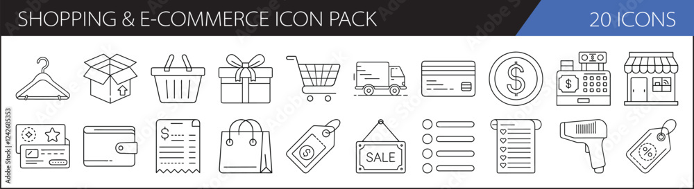 Shopping and E-Commerce Icon Pack Design - A set of 20 icons representing shopping and e-commerce, featuring items like carts, sales, products, and payment methods.
Shopping and E-Commerce Icon Pack Design - A set of 20 icons representing shopping and e-commerce, featuring items like carts, sales, products, and payment methods.