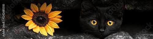 Black cat with bright yellow eyes peering from dark crevice beside a sunflower.