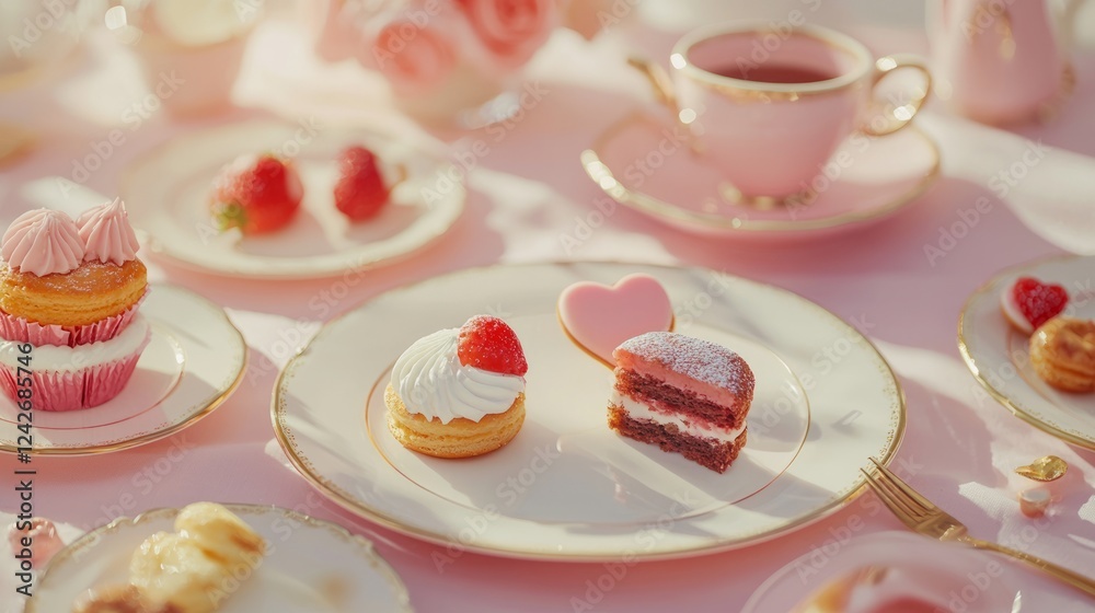 Valentine mockup card and heart background minimal. Pink Tea Party with Cupcakes Strawberries and Heart Shaped Cookie on Pretty Plates Delightful Scene. Valentine mockup card and heart background minimal. Pink Tea Party with Cupcakes Strawberries and Heart Shaped Cookie on Pretty Plates Delightful Scene.
