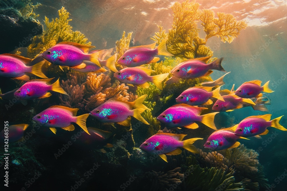 Naklejka premium Vibrant pink and purple fish swim in a coral reef, bathed in sunlight.