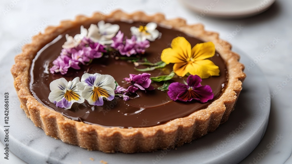 Indulge in a decadent chocolate and caramel tart, beautifully adorned with vibrant edible flowers. Indulge in a decadent chocolate and caramel tart, beautifully adorned with vibrant edible flowers.