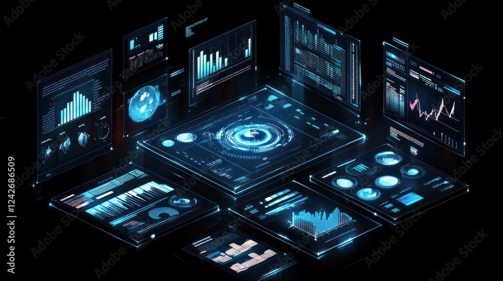Obraz premium Futuristic digital dashboard displays data analytics, charts, and graphs on multiple screens.