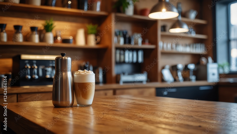 Smooth wooden counter surface in a trendy cafe, blurred background showcasing barista equipment Smooth wooden counter surface in a trendy cafe, blurred background showcasing barista equipment
