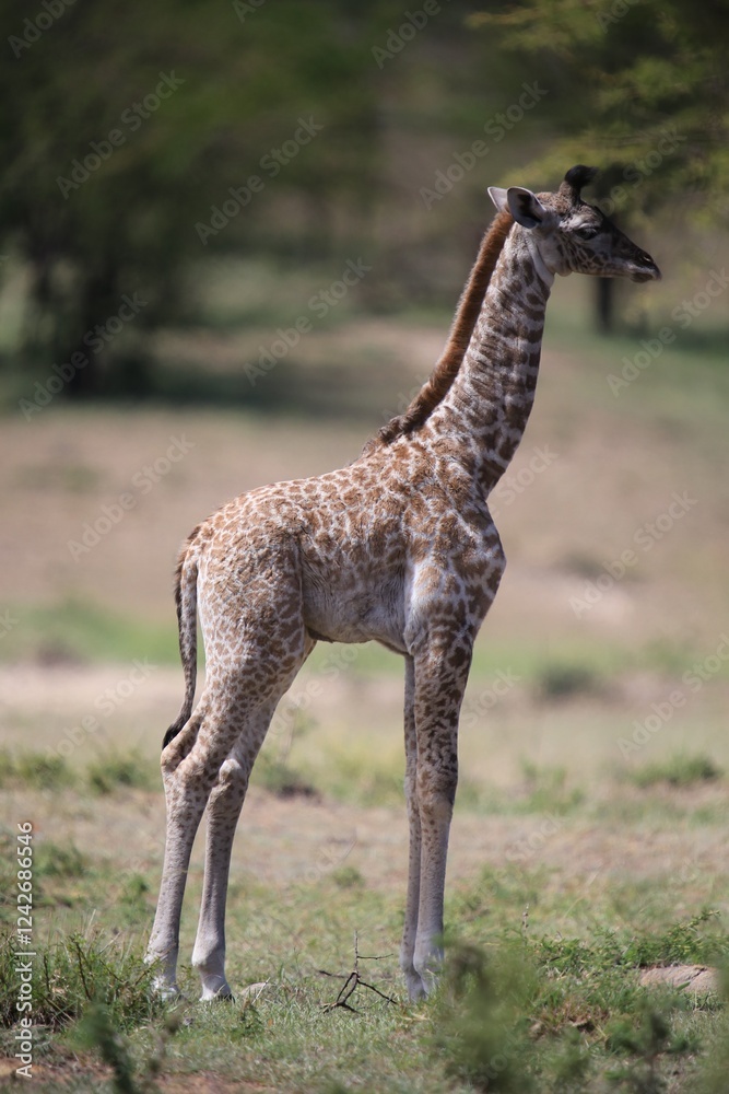 Obraz premium Young Giraffe Standing Tall in the Savannah, Serengeti National Park, Tanzania, Africa