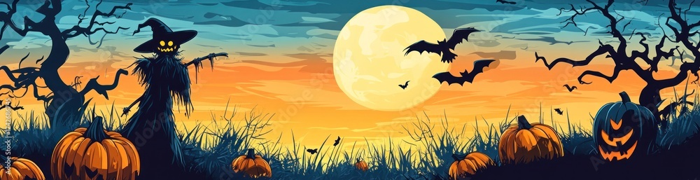Halloween scarecrow, pumpkins, bats, full moon, spooky trees, autumnal sunset. Halloween scarecrow, pumpkins, bats, full moon, spooky trees, autumnal sunset.