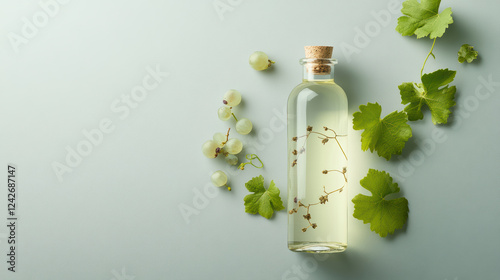 transparent bottle of bio grape seed oil surrounded by fresh grapes and green leaves creates serene and natural atmosphere photo