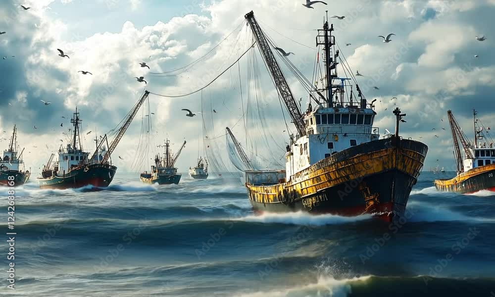 Fishing Fleet at Sea A Dramatic Ocean Scene Fishing Fleet at Sea A Dramatic Ocean Scene