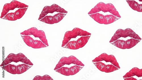 Lipstick Print Pattern. Lips kisses pattern. Colourful womens lips isolated on white background for fashion cloth and wrapping paper for valentines day