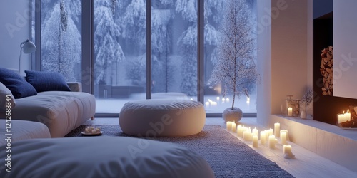 Cozy Winter Living Room Scene With Snow Covered Trees photo