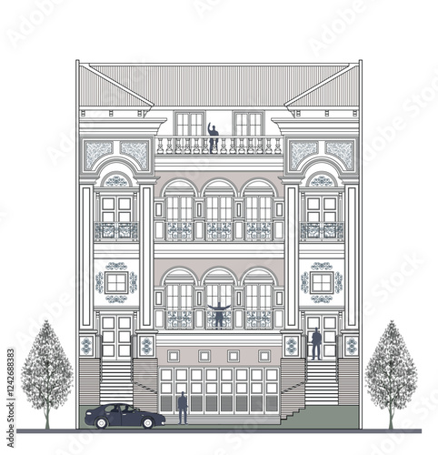 Facade of 4 storeys symmetrical modern classic house with 5 doors, 8 windows, 12 columns, balustrade, frames, decoration, stairs, crowns, canopy, triangular roof and its elements design.