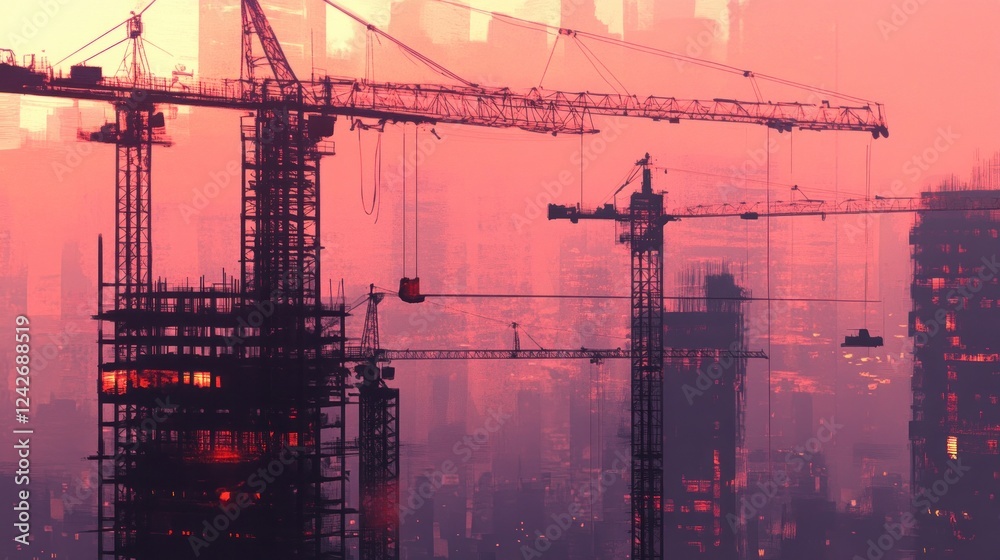 Naklejka premium Construction cranes silhouette at sunset over city skyline.