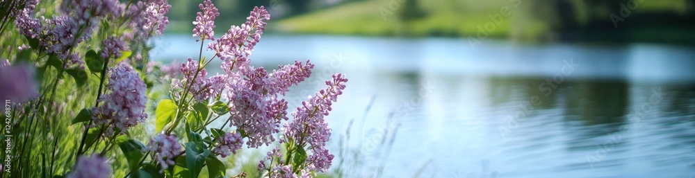 Obraz premium Lilac flowers blooming by calm lake.