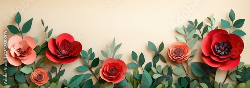 Paper flowers and leaves border on beige background.
