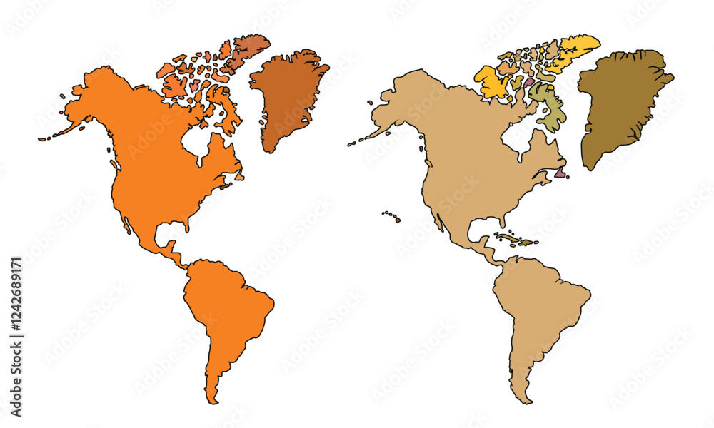 Fototapeta premium Isolated Earth tones map of North America with detailed regions on a white background.