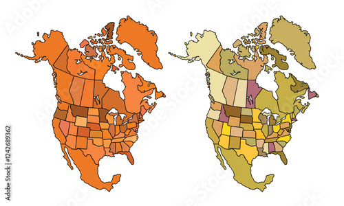 Isolated Earth tones map of North America with detailed regions on a white background.