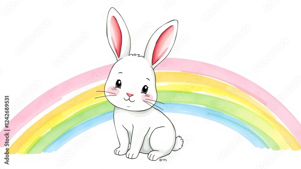Obraz premium Adorable bunny on rainbow watercolor background illustration, cute pet, art, hand drawn
