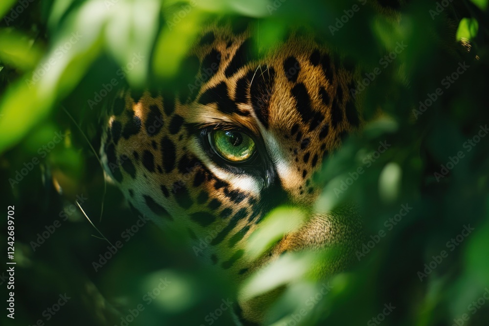 Obraz premium Close-up of a jaguar's eye peering through lush green foliage.