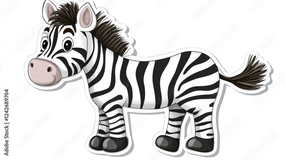 Cartoon zebra sticker illustration on white background, perfect for children's books or educational materials Cartoon zebra sticker illustration on white background, perfect for children's books or educational materials