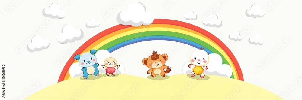 Cheerful cartoon illustration of rainbow and two cloud characters for kids' print design, cartoon, cute, clouds Cheerful cartoon illustration of rainbow and two cloud characters for kids' print design, cartoon, cute, clouds
