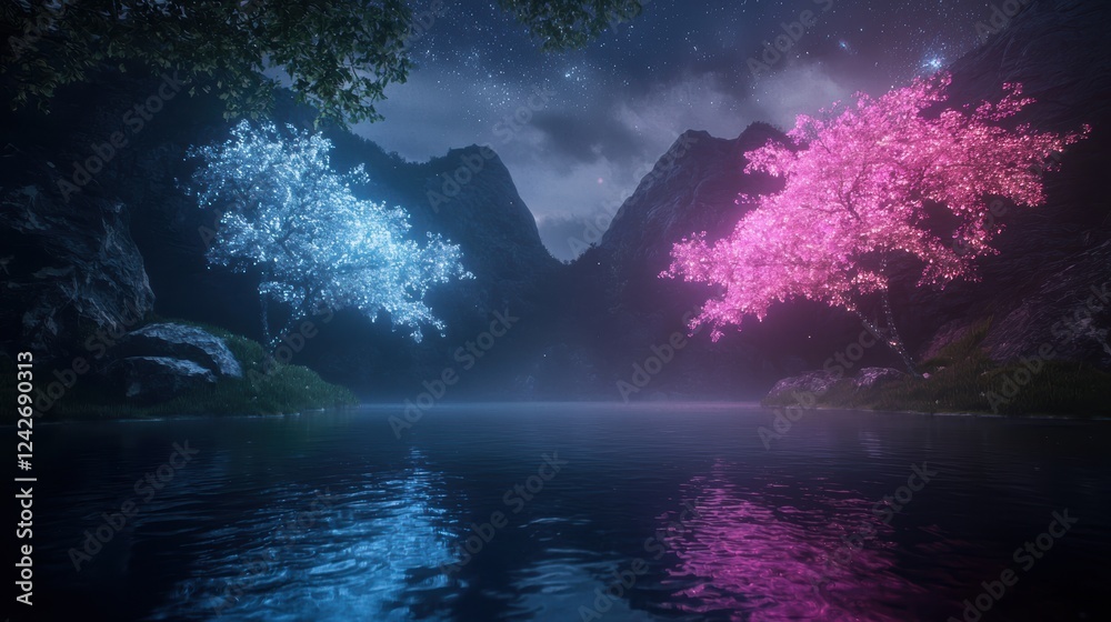 Obraz premium Dreamy Digital Paradise with Vibrant Neon Trees Reflected in Still Waters at Night