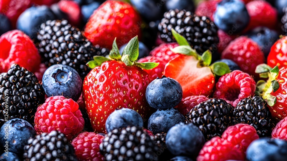 A vibrant assortment of fresh berries, showcasing strawberries, blueberries, raspberries, and blackberries. A vibrant assortment of fresh berries, showcasing strawberries, blueberries, raspberries, and blackberries.